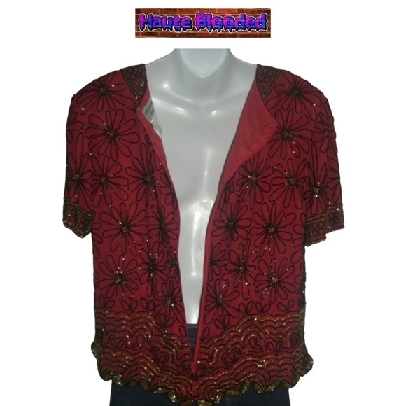 Vintage Adrianna Papell Boutique Red Silk Blouse Beaded Floral Flapper 20's VTG - Picture 6 of 11